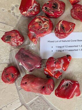Lot of 23 pieces Natural Red Coral, 1.25 - 2.5" Large various shape Beads, DIY